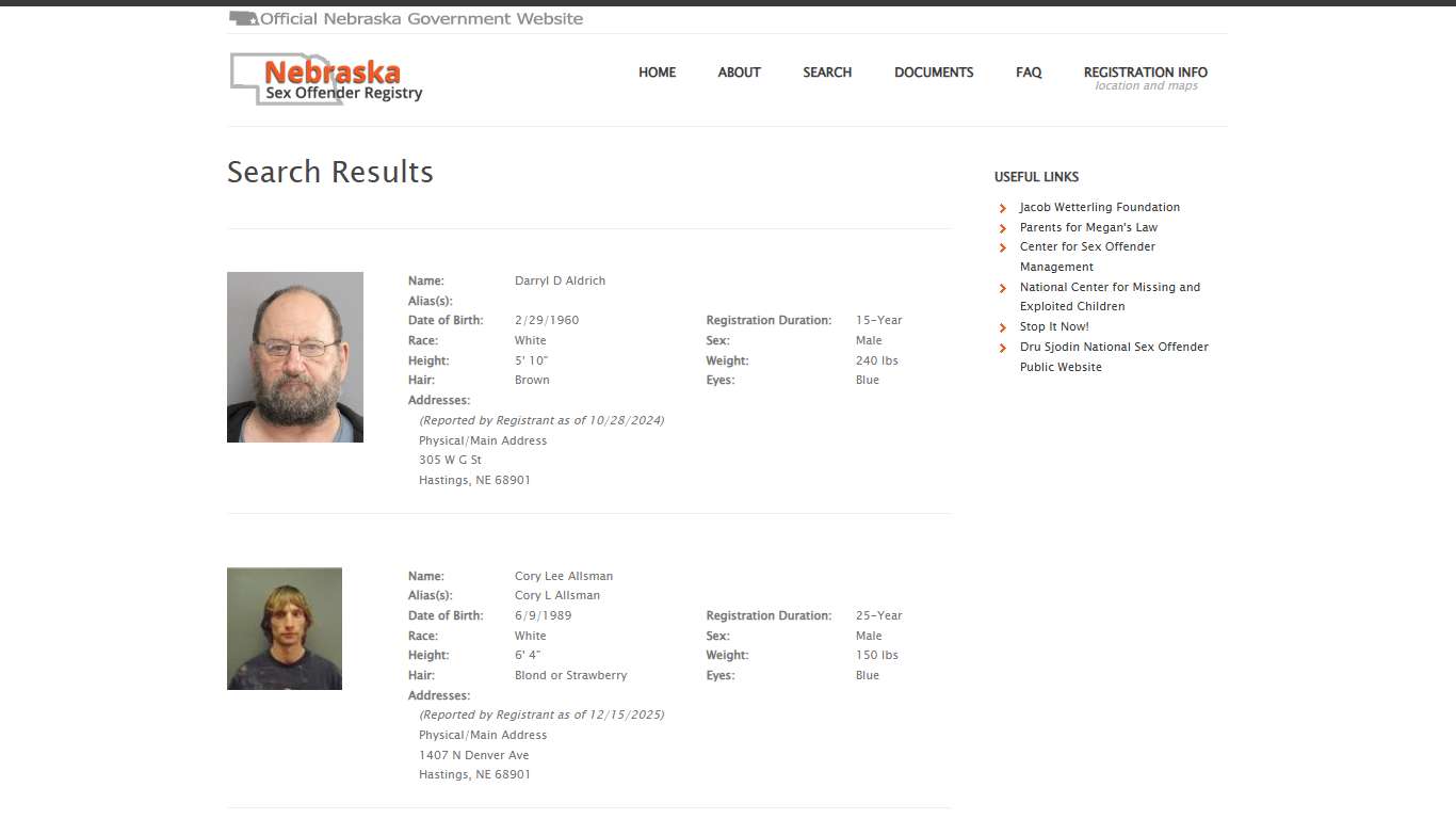 Nebraska Sex Offender Registry: Print Search Results